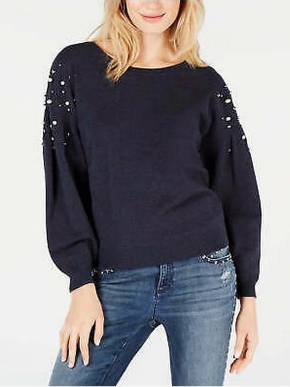 INC International Concepts Navy Crewneck Sweater with Pearl Embellishment *NWOT